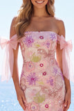 Off the Shoulder Pink Bodycon Floral Sequins Homecoming Dress with Bow