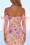 Off the Shoulder Pink Bodycon Floral Sequins Homecoming Dress with Bow