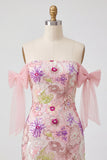 Off the Shoulder Pink Bodycon Floral Sequins Homecoming Dress with Bow