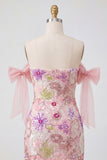 Off the Shoulder Pink Bodycon Floral Sequins Homecoming Dress with Bow