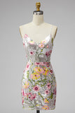 Sparkly Ivory Spaghetti Straps Bodycon Floral Sequins Homecoming Dress