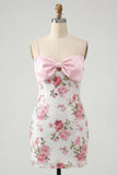 Bodycon Light Pink Floral Sequin Homecoming Dress with Bow
