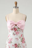Bodycon Light Pink Floral Sequin Homecoming Dress with Bow