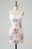Ivory Floral Bodycon Sequin Ruched Homecoming Dress with Bow