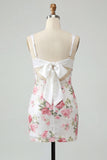 Ivory Floral Bodycon Sequin Ruched Homecoming Dress with Bow