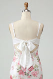 Ivory Floral Bodycon Sequin Ruched Homecoming Dress with Bow