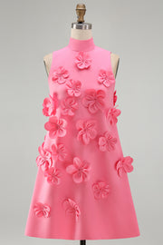 Hot Pink Round Neck Bodycon Short Homecoming Dress with 3D Flowers