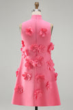 Hot Pink Round Neck Bodycon Short Homecoming Dress with 3D Flowers