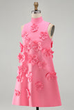 Hot Pink Round Neck Bodycon Short Homecoming Dress with 3D Flowers