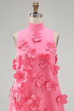 Hot Pink Round Neck Bodycon Short Homecoming Dress with 3D Flowers