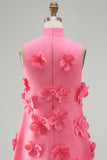 Hot Pink Round Neck Bodycon Short Homecoming Dress with 3D Flowers