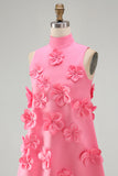 Hot Pink Round Neck Bodycon Short Homecoming Dress with 3D Flowers