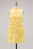 Yellow Round Neck Bodycon Homecoming Dress with 3D Flowers