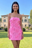 Strapless Hot Pink Bodycon Homecoming Dress with 3D Flowers