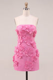 Strapless Hot Pink Bodycon Homecoming Dress with 3D Flowers