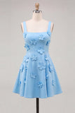 A-Line Blue Square Neck Homecoming Dress with 3D Flowers