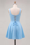 A-Line Blue Square Neck Homecoming Dress with 3D Flowers