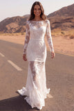 Ivory Mermaid Lace Sheer Long Sleeve Boho Wedding Dress