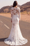 Ivory Mermaid Lace Sheer Long Sleeve Boho Wedding Dress