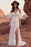 Cold Shoulder Lace Ivory Mermaid Ruffled Boho Wedding Dress