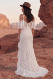 Cold Shoulder Lace Ivory Mermaid Ruffled Boho Wedding Dress