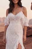 Cold Shoulder Lace Ivory Mermaid Ruffled Boho Wedding Dress
