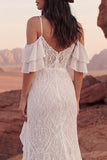 Cold Shoulder Lace Ivory Mermaid Ruffled Boho Wedding Dress