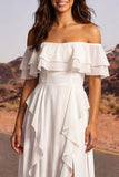 Off The Shoulder Ivory A Line Ruffled Boho Wedding Dress