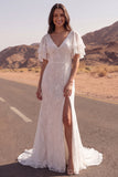 Lace Ivory Mermaid Short Sleeve Boho Wedding Dress