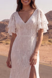 Lace Ivory Mermaid Short Sleeve Boho Wedding Dress