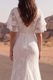Lace Ivory Mermaid Short Sleeve Boho Wedding Dress