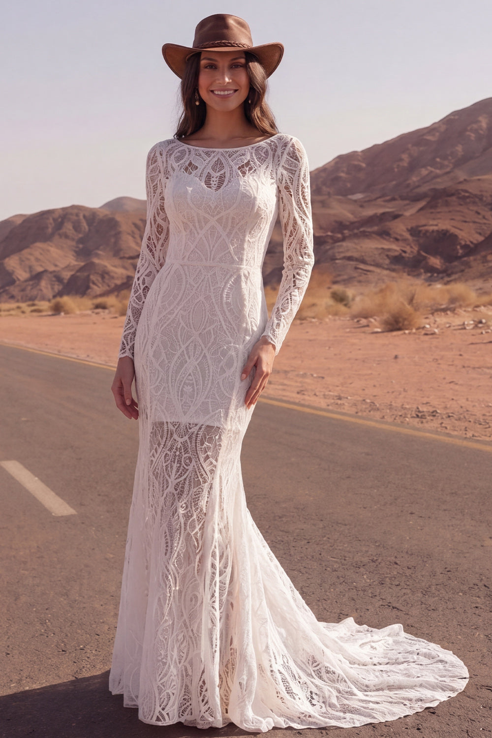 Zapaka Women Lace Boho Wedding Dress Ivory Boat Neck Mermaid Long Sleeve Sweep Train Bridal Dress, Ivory / US22W