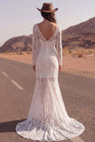 Lace Ivory Mermaid Long Sleeve Sweep Train Boho Wedding Dress