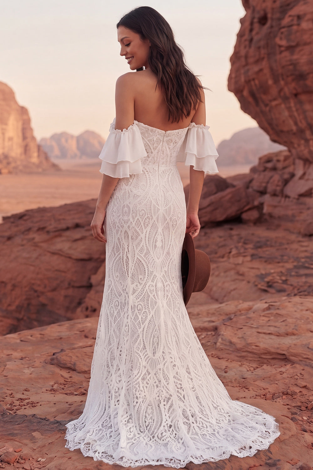 Zapaka Women Ivory Boho Wedding Dress Off The Shoulder Lace Mermaid Ruffled Bridal Dress, Ivory / US8