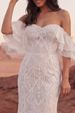 Off The Shoulder Ivory Lace Mermaid Boho Wedding Dress