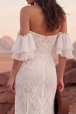 Off The Shoulder Ivory Lace Mermaid Boho Wedding Dress