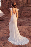 Ivory Lace Mermaid Ruffled Boho Wedding Dress with Slit