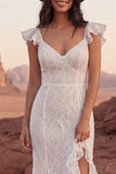 Ivory Lace Mermaid Ruffled Boho Wedding Dress with Slit
