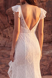 Ivory Lace Mermaid Ruffled Boho Wedding Dress with Slit