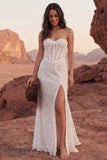 Strapless Lace Ivory Corset Sweep Train Boho Wedding Dress