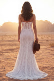 Strapless Lace Ivory Corset Sweep Train Boho Wedding Dress