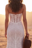 Strapless Lace Ivory Corset Sweep Train Boho Wedding Dress