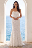 Strapless Ivory Mermaid Floral Sweep Train Wedding Dress