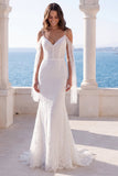 Cold Shoulder Ivory Mermaid Lace Sweep Train Wedding Dress