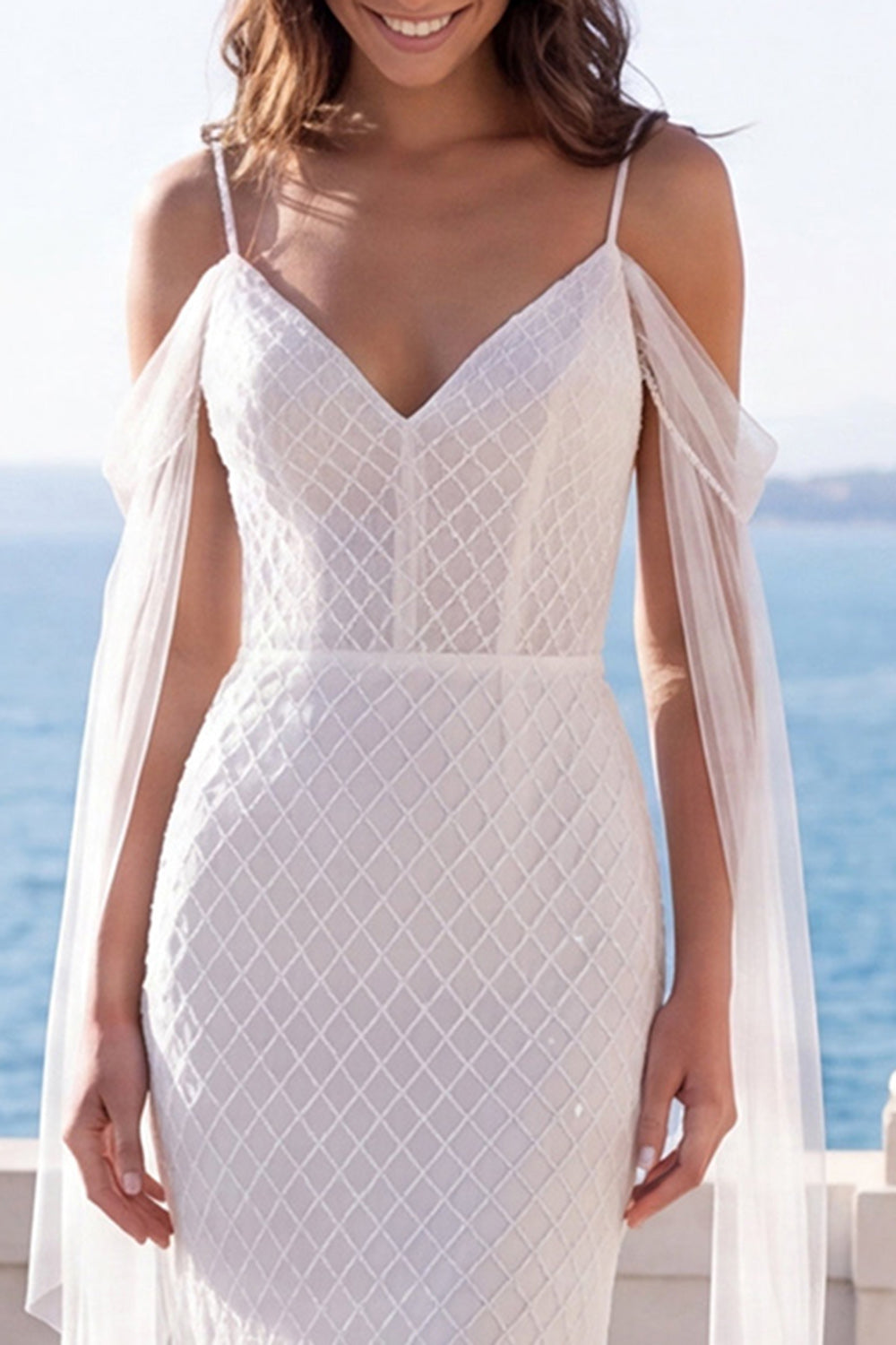 white cold shoulder lace dress Cold-Shoulder White Lace A-Line Long Wedding Dress Modsele