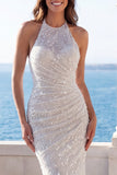 Halter Ivory Mermaid Ruched Sequin Wedding Dress