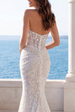 Halter Ivory Mermaid Ruched Sequin Wedding Dress