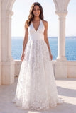Ivory V-Neck Floral A Line Sweep Train Wedding Dress