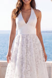 Ivory V-Neck Floral A Line Sweep Train Wedding Dress