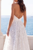 Ivory V-Neck Floral A Line Sweep Train Wedding Dress
